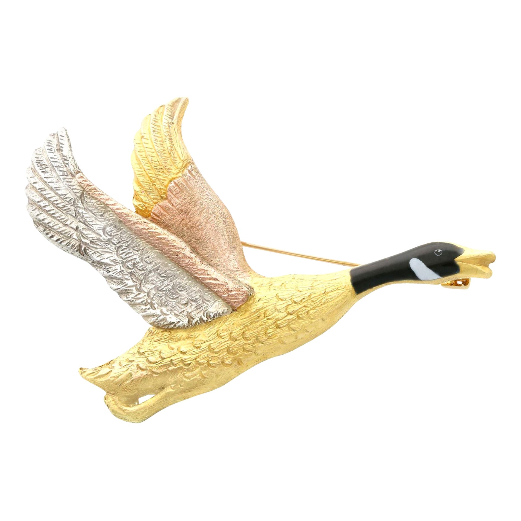 Vintage Enamel, Rose, White and Yellow Gold Goose Brooch For Sale