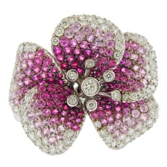 Italian Diamond Pink Sapphire Gold Flower Ring