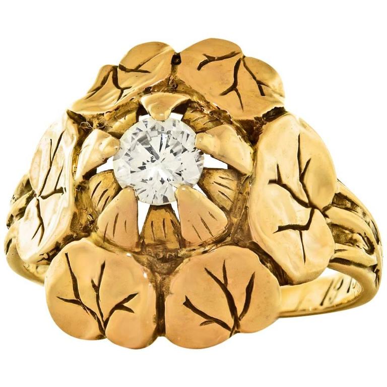 Arts and Crafts Diamond Gold Lily Pad Ring at 1stDibs