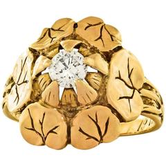 Arts and Crafts Diamond Gold Lily Pad Ring