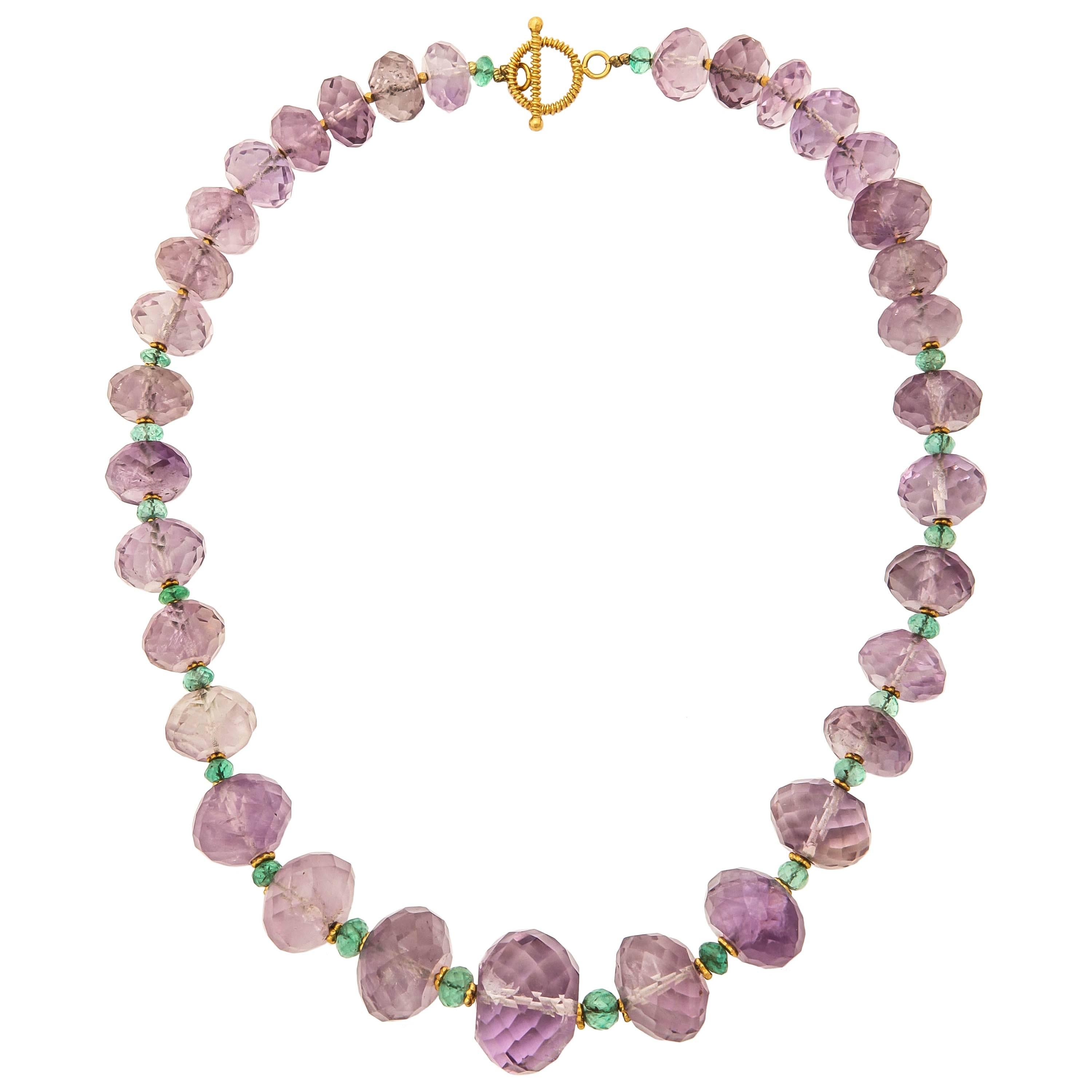 Amethyst Emerald Gold Bead Necklace For Sale