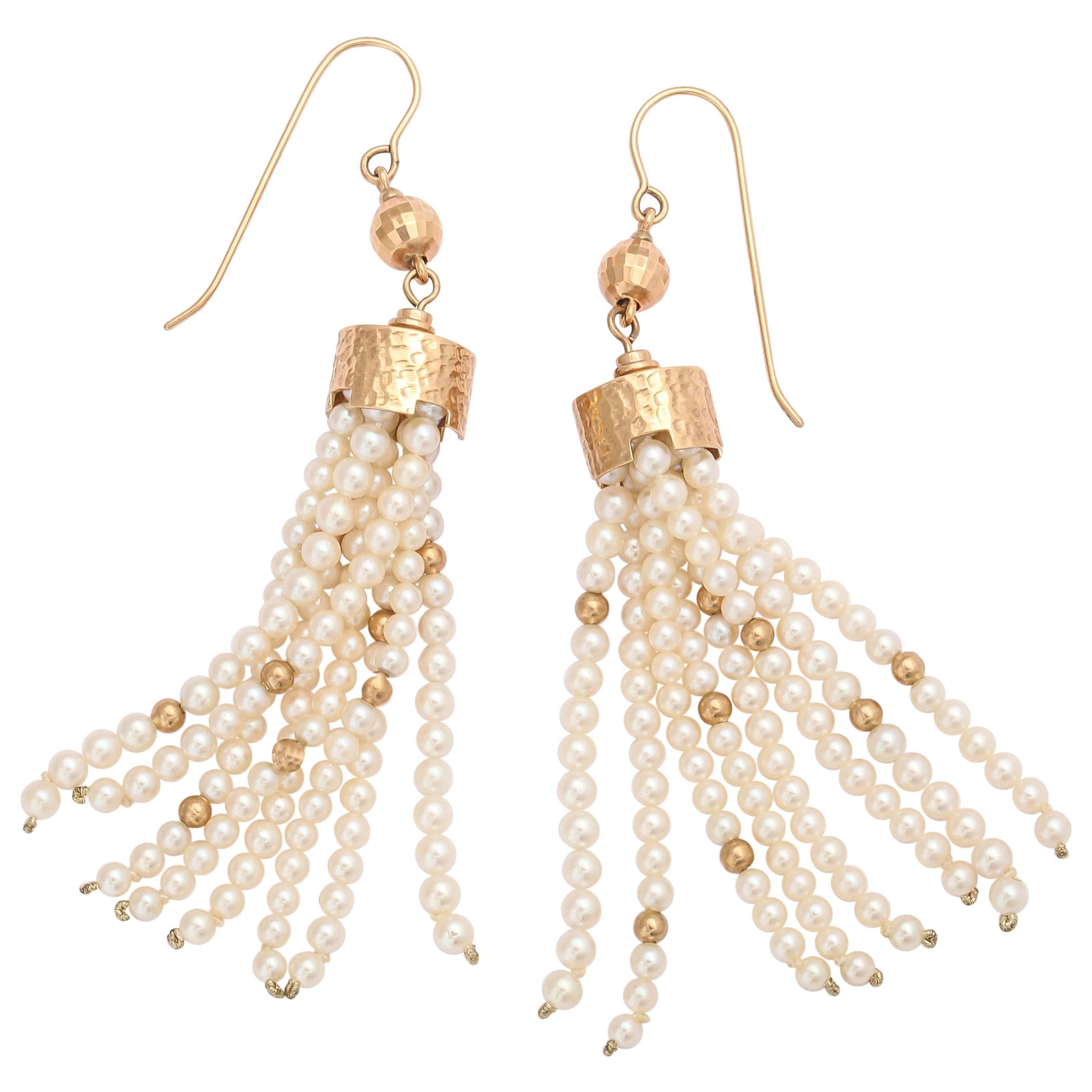 Striking Pearl and Gold Tassel Earrings For Sale
