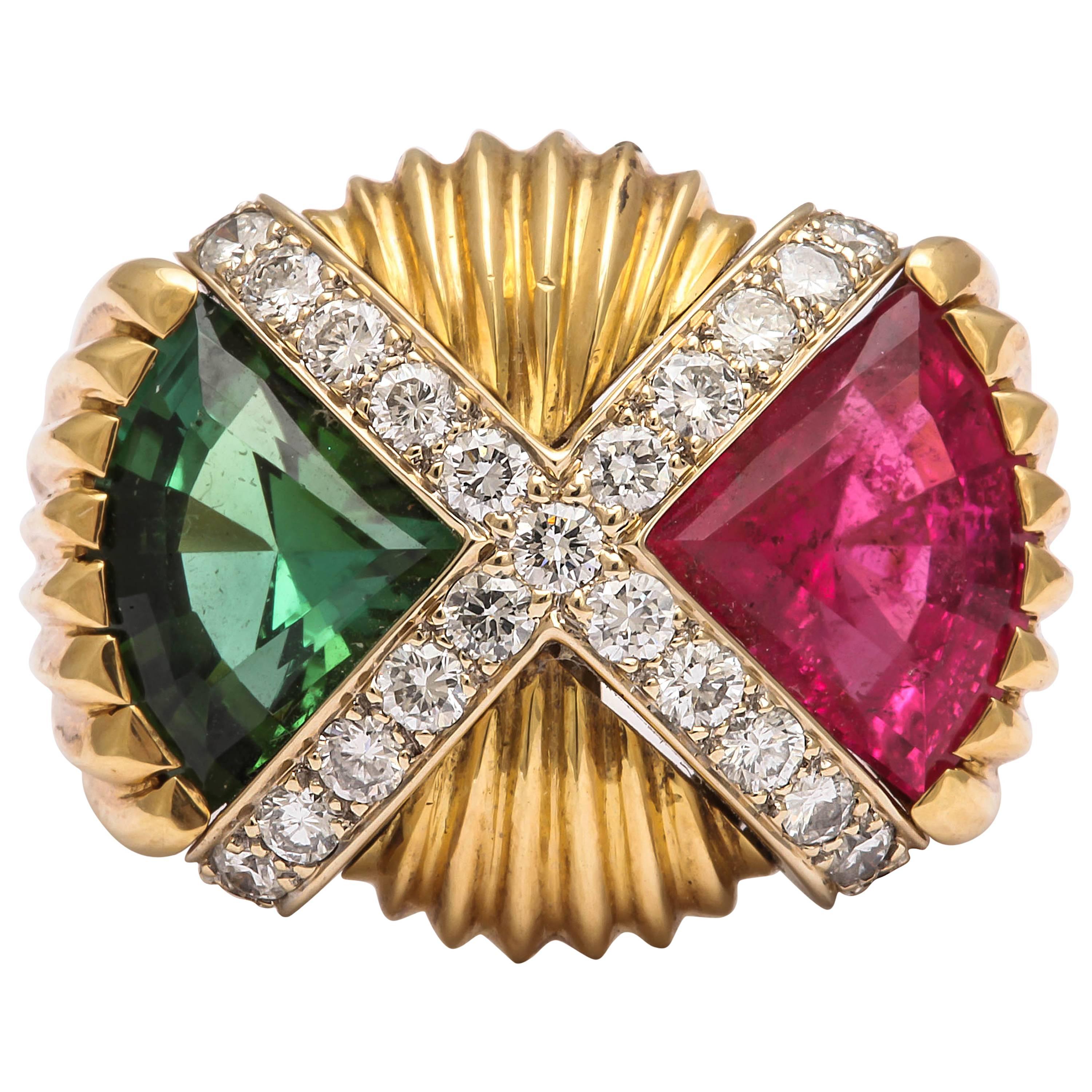 Impressive Pink and Green Tourmaline Diamond Gold Ring For Sale