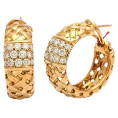 Tiffany & Co. Diamond Gold Basket Weave Design Hoop Earrings