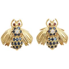 Vintage Tiffany & Co. Sapphire Ruby Diamond Gold Figural Bee Earclips