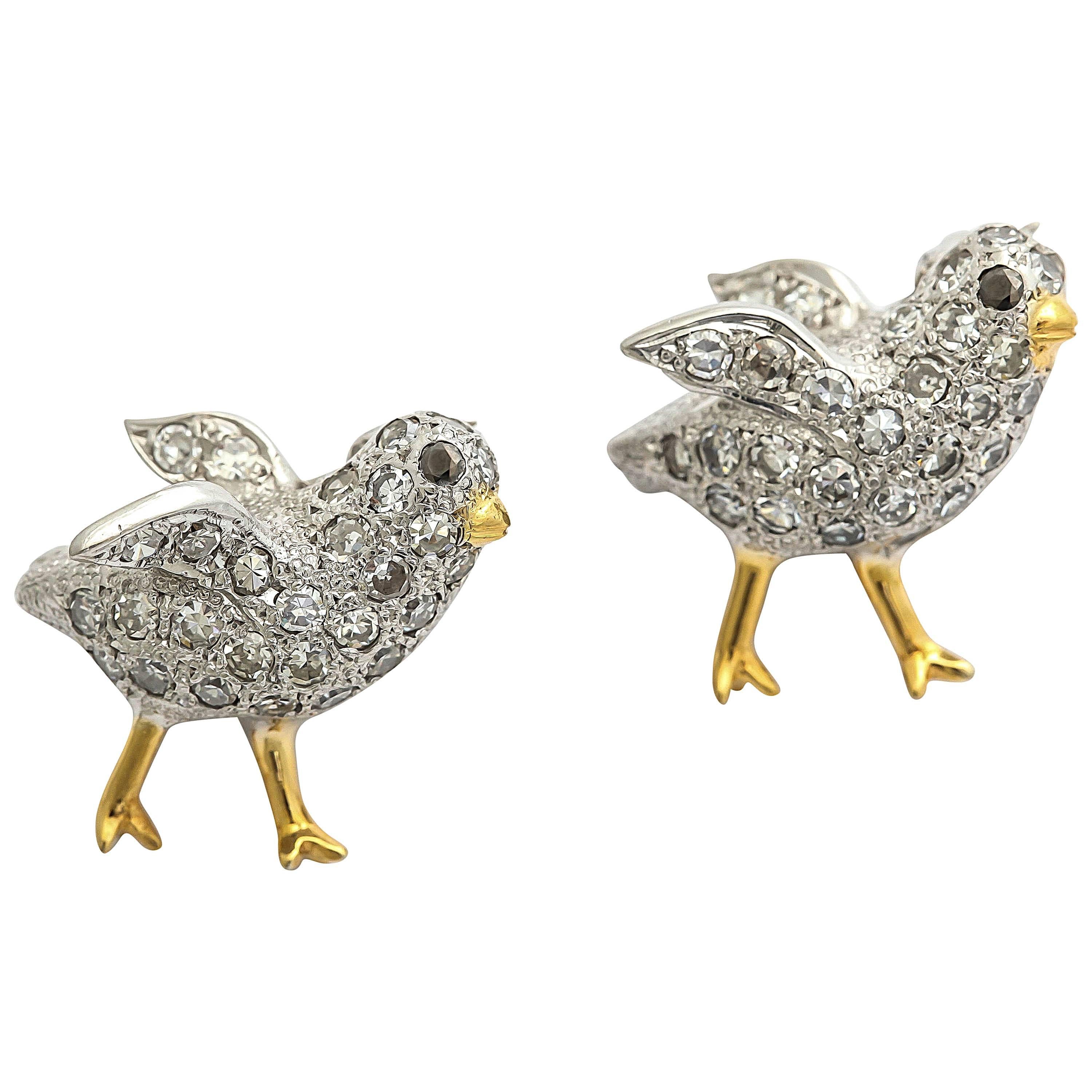 Diamond Gold Platinum Figural Chickadee Brooches