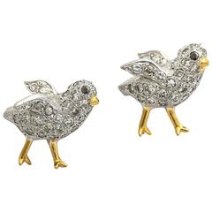 Vintage Diamond Gold Platinum Figural Chickadee Brooches