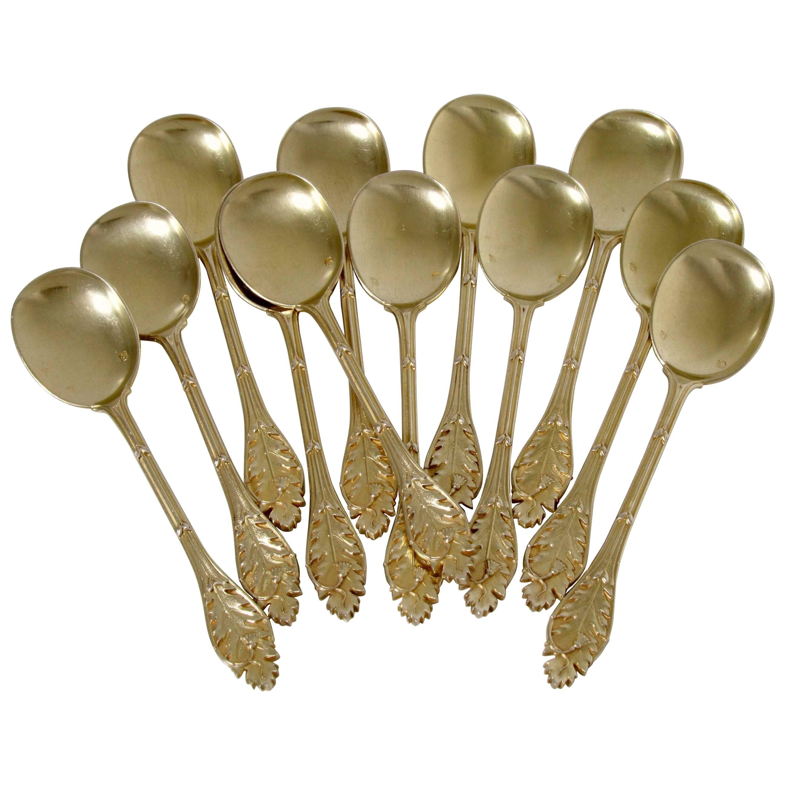 Linzeler Masterpiece French Sterling Silver Vermeil Ice Cream Spoons Set 12 pc For Sale