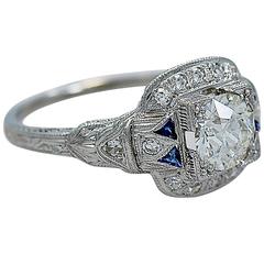 Striking Art Deco Sapphire Diamond Platinum Engagement Ring