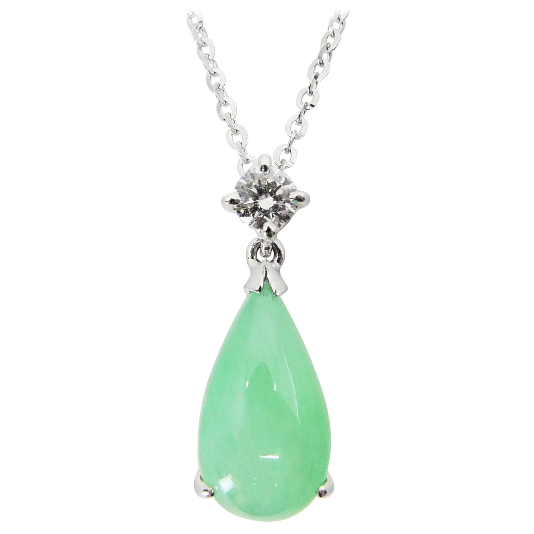 Natural Type A Jadeite Jade Diamond Pendant Drop Necklace Deep Green