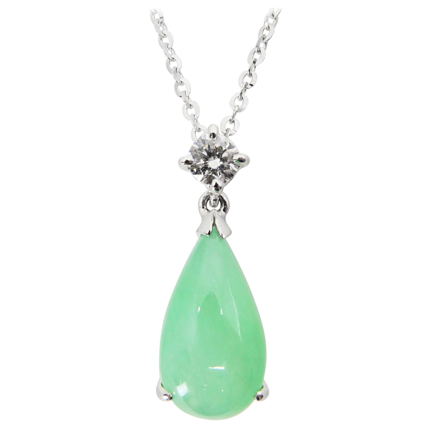 Natural Type A Jadeite Jade Diamond Pendant Drop Necklace, Deep Green