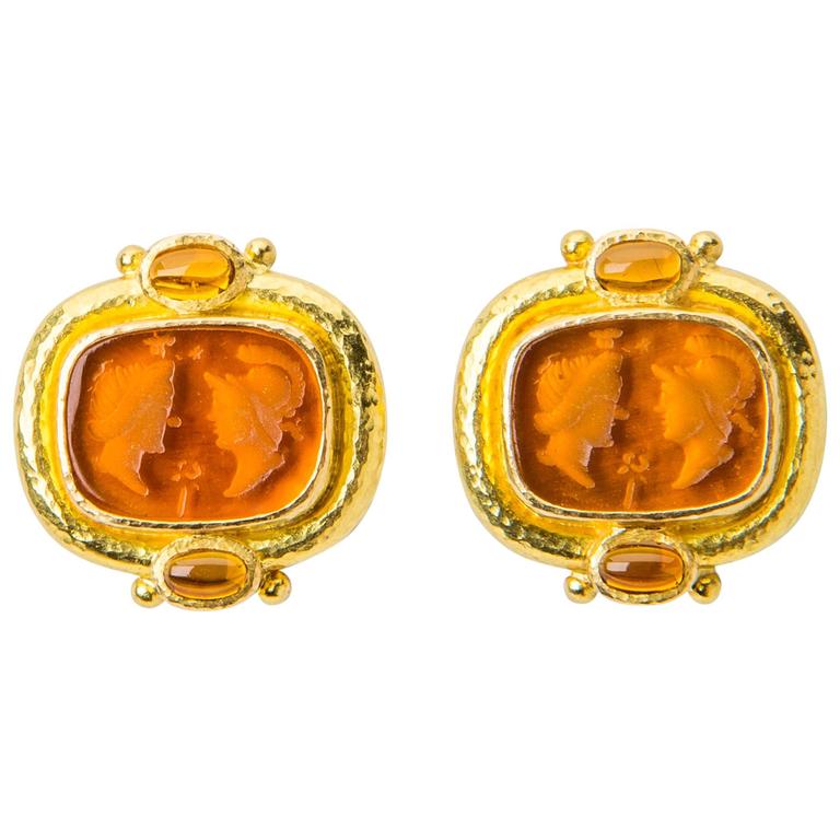 Elizabeth Locke Glass Intaglio Gold Earrings at