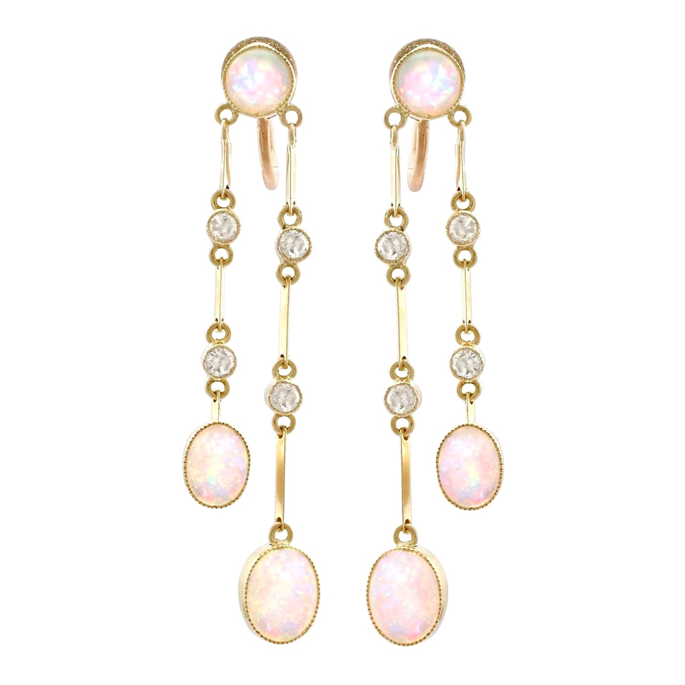 Antique 2.71 Carat Opal and Diamond Yellow Gold Drop Earrings