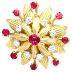 Retro Ruby and Diamond Yellow Gold Floral Cocktail Ring