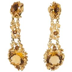 Checkered-cut Citrine Gold carved leaves Earrings