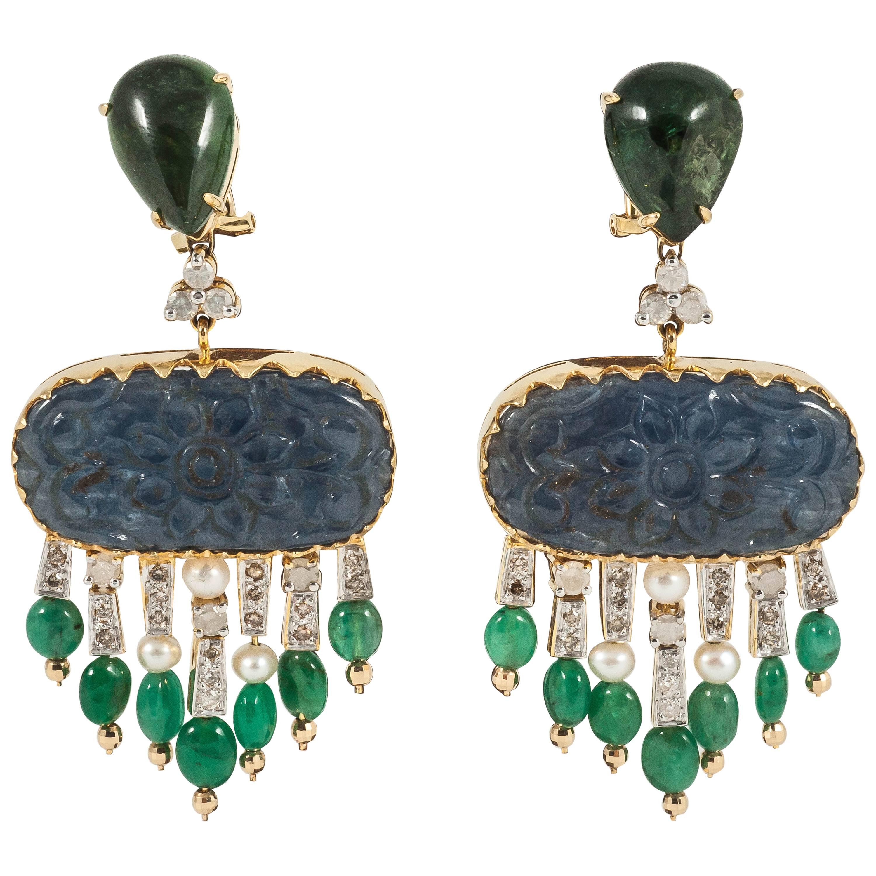Carved blue Sapphire Emerald Diamond drop Earrings For Sale