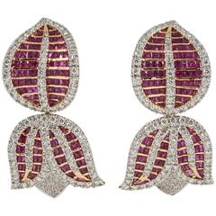 Ruby Petalled Diamond Drop Earrings