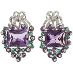 Amethyst Emerald Diamond Gold Stud Earrings