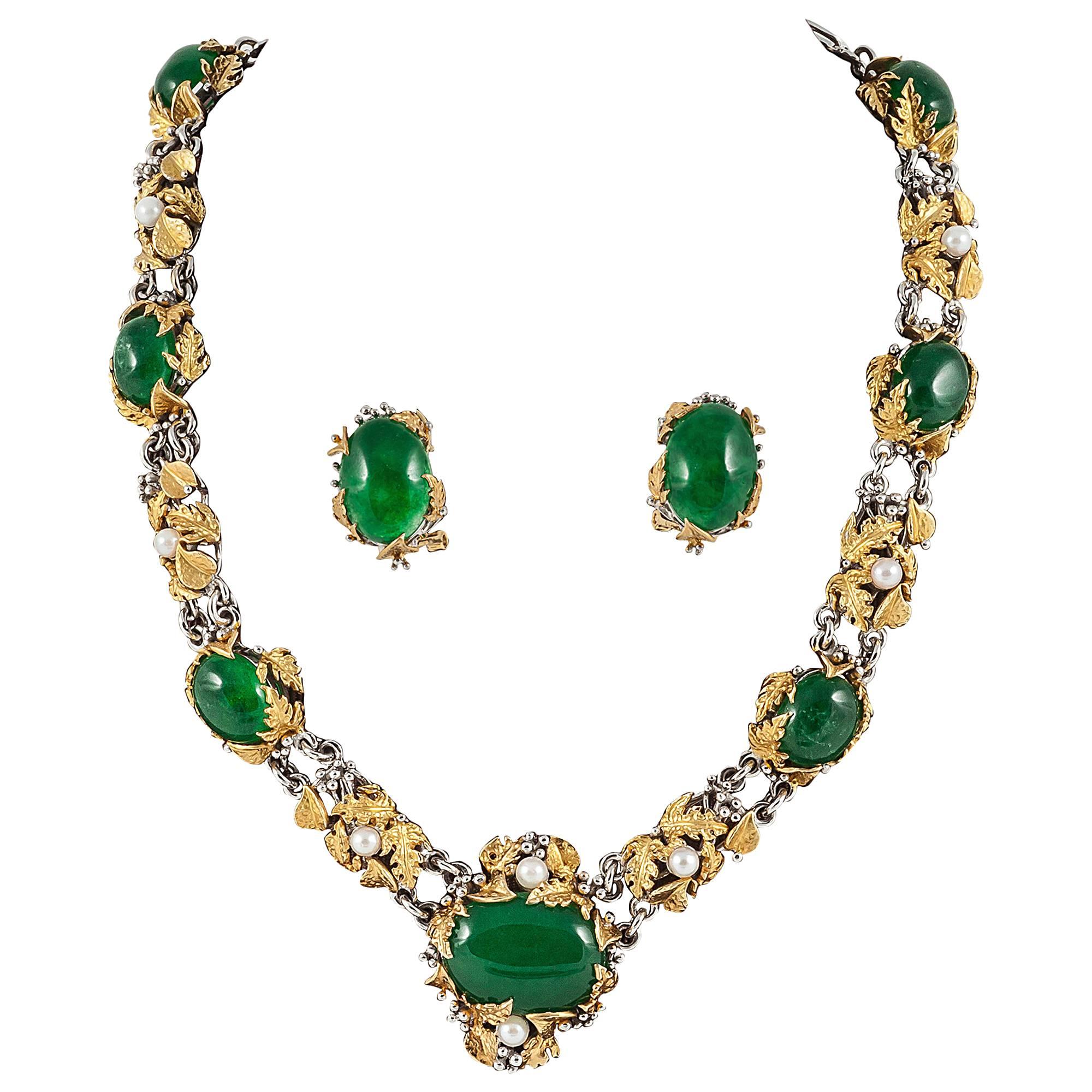 Green Jade Pearl Carved Gold Leaves Necklace and Earrings Set For Sale