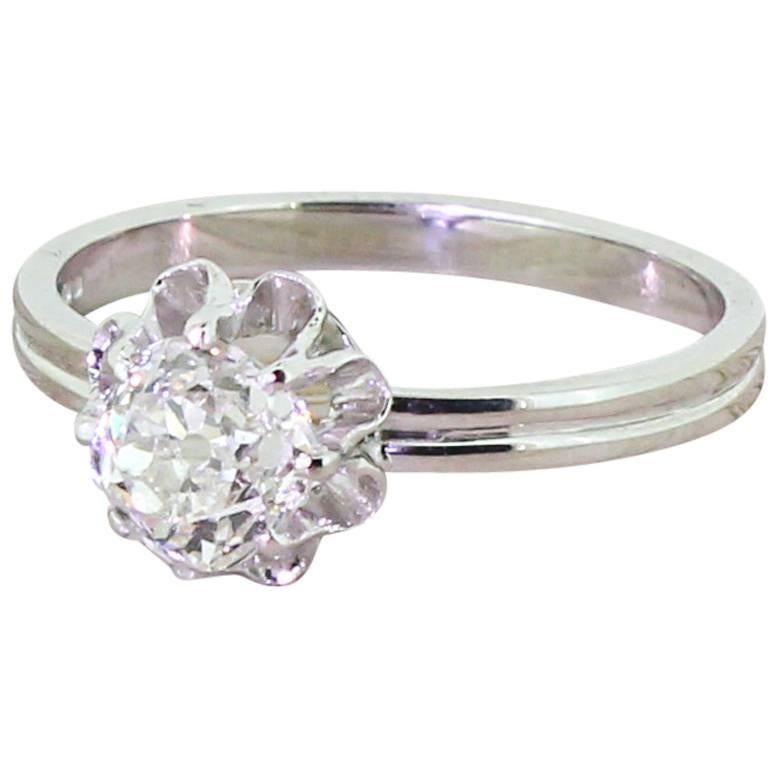 Edwardian 0.91 Carat Old Cut Diamond Platinum “Buttercup” Engagement Ring For Sale