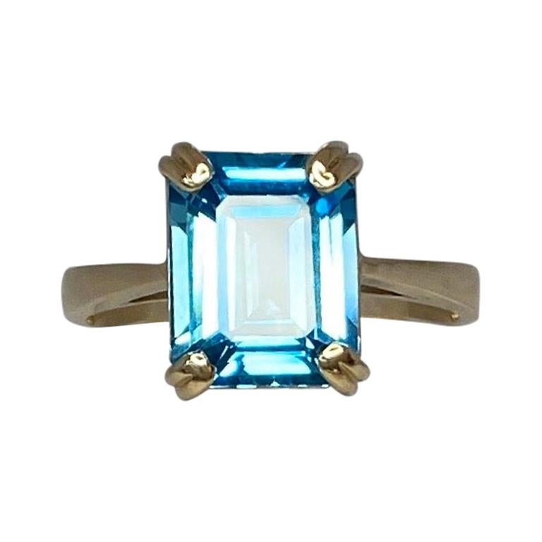 3.50 Carat Swiss Blue Topaz Emerald Cut Yellow Gold Solitaire Ring