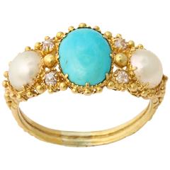 Turquoise, Natural Pearl, Diamond Lit Ring c. 1840-50