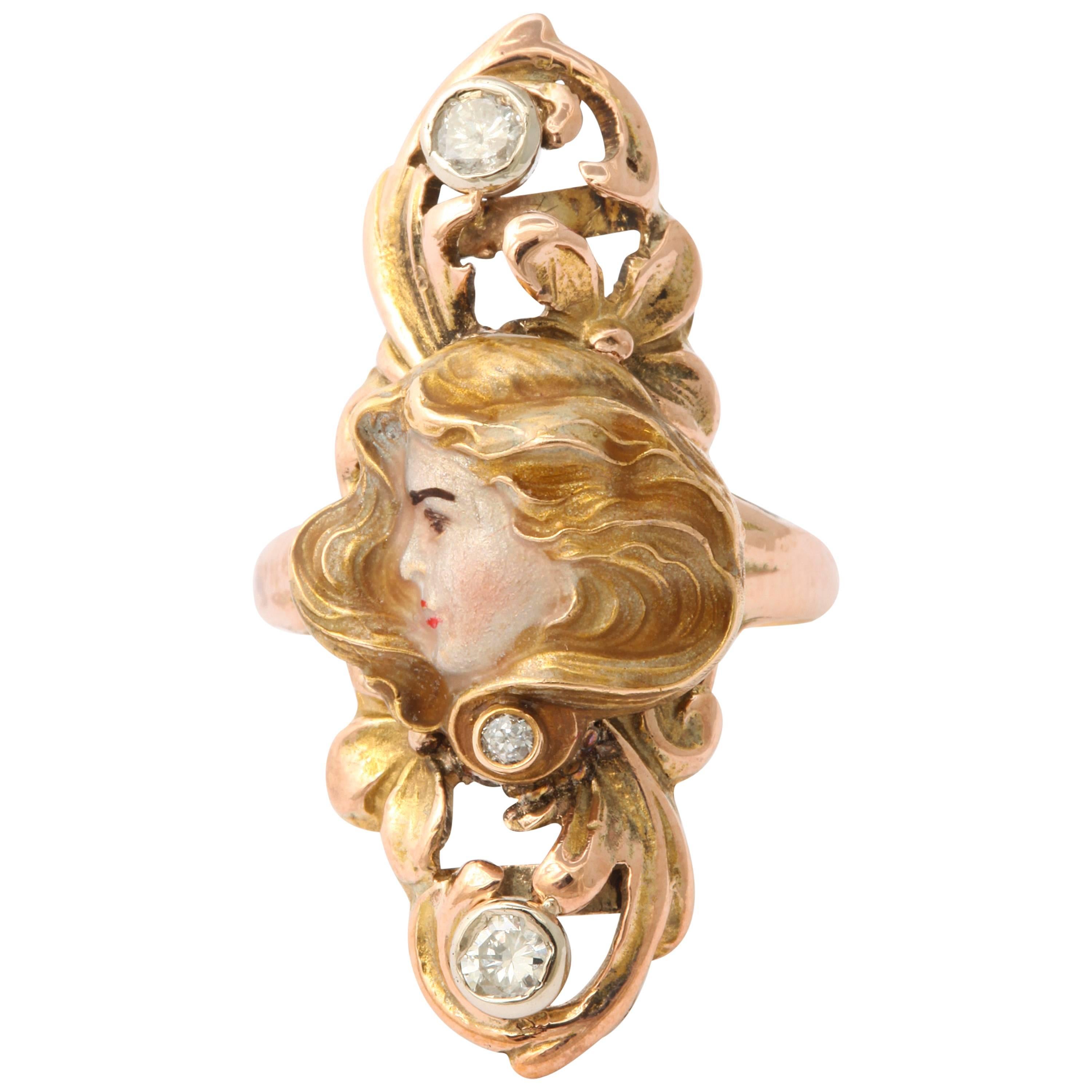 Sun Lit Profile of a Lady Art Nouveau Ring with Diamonds