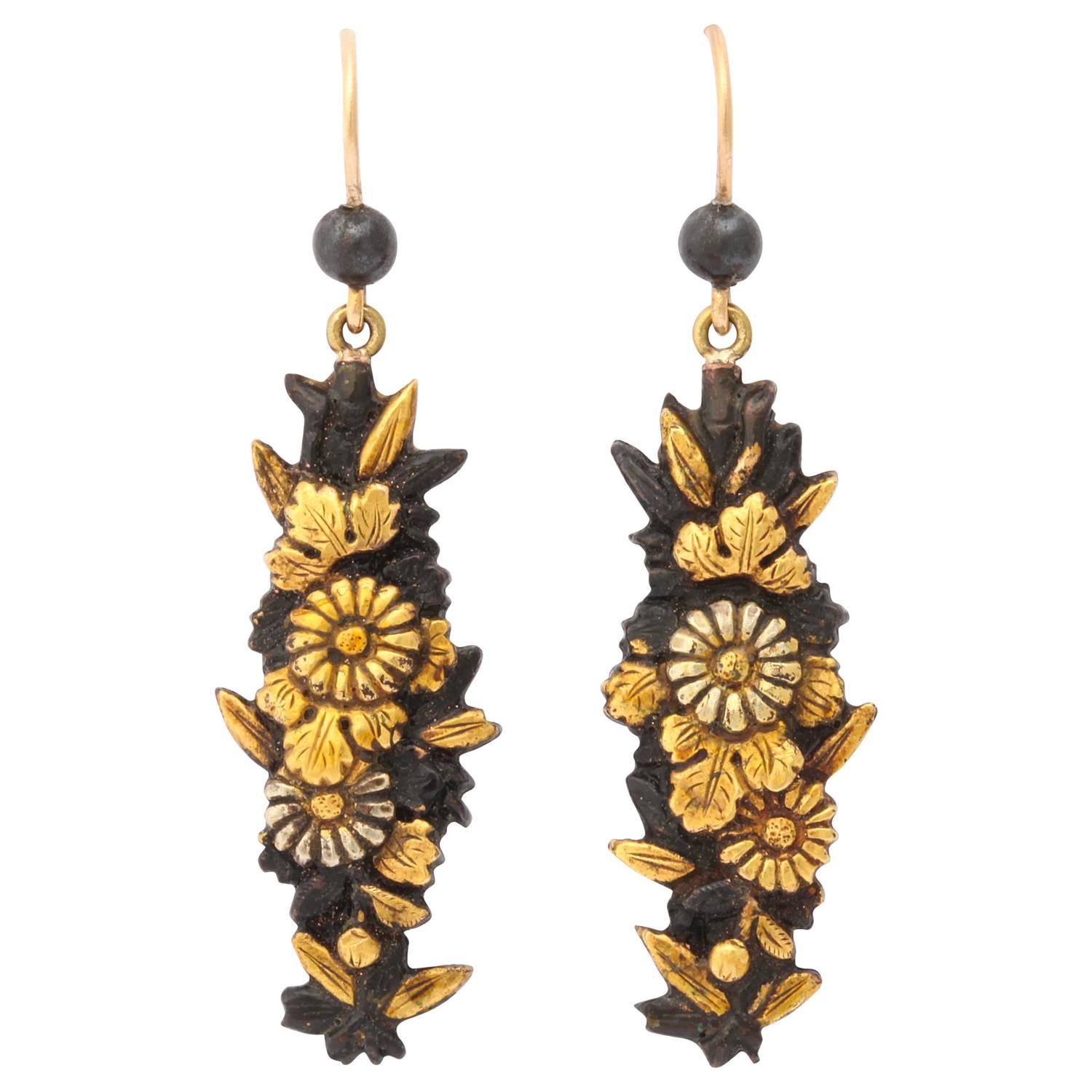 Daisies Blossom on Japanese Shakudo Earrings c. 1870 For Sale at 1stdibs