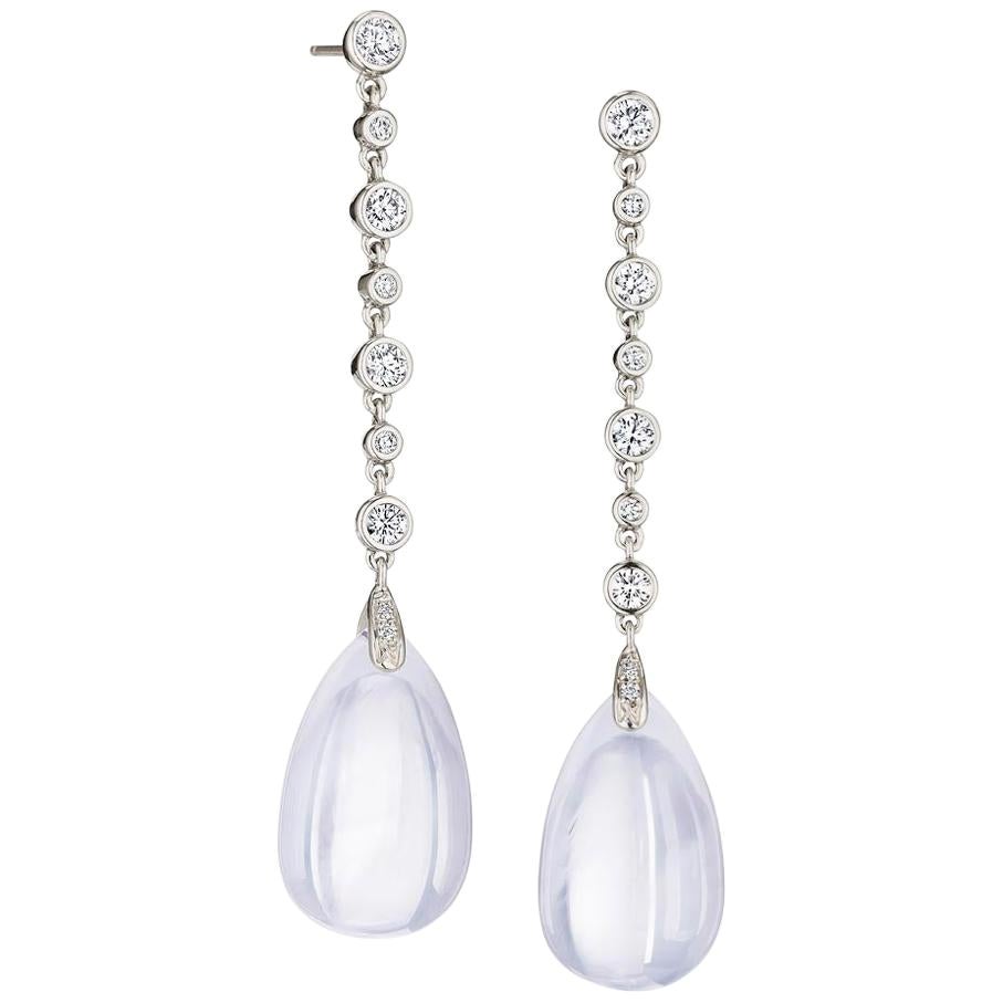 Syna White Gold Moon Quartz and Diamond Drop Earrings For Sale