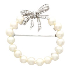 Vintage Pearl Wreath and Diamond Bow White Gold Brooch