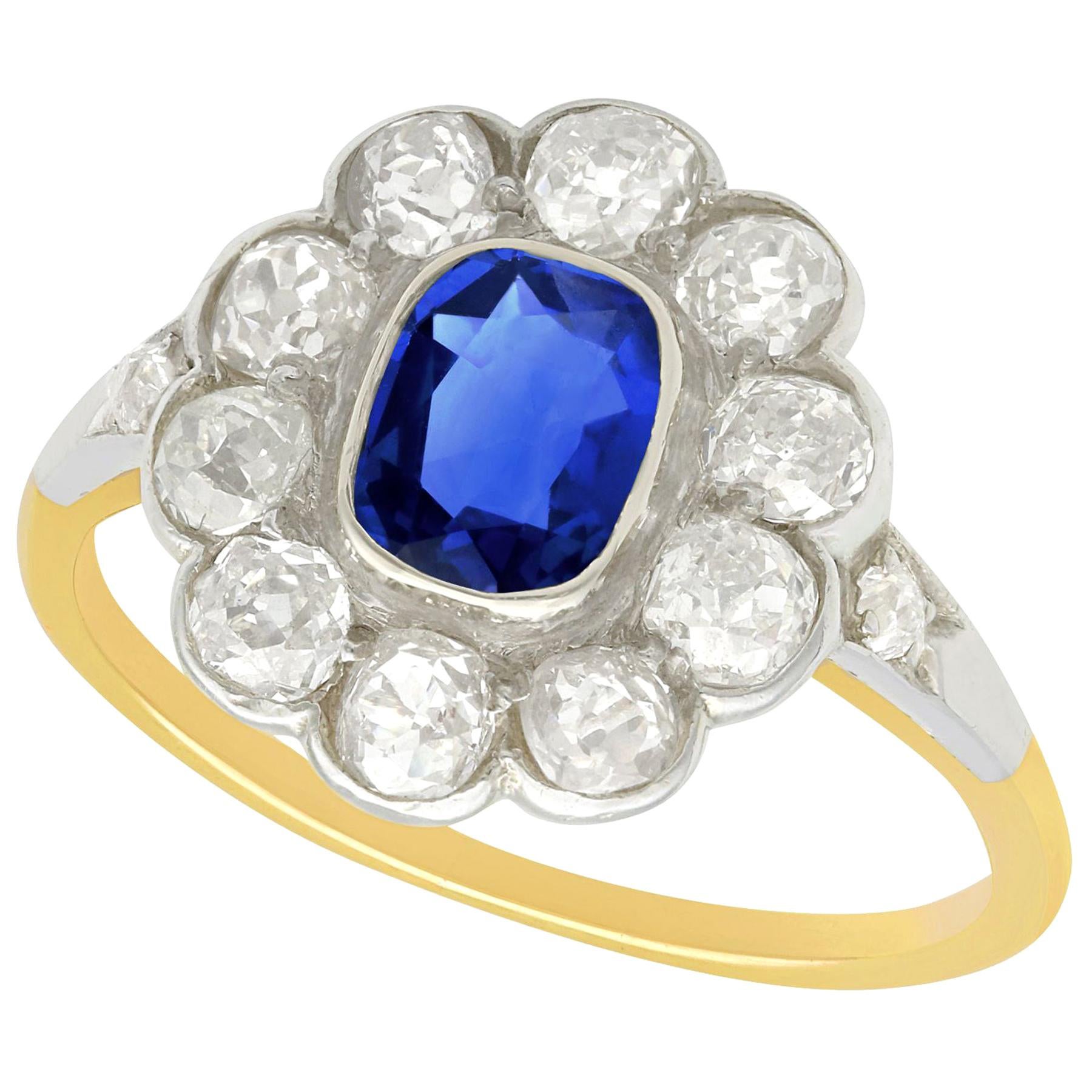 1890s 1.28 Carat Sapphire 1.65 Carat Diamond Gold Cluster Ring For Sale