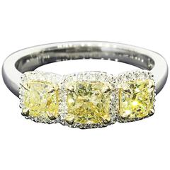 Canary Cushion Diamond Gold Three Stone Halo Ring