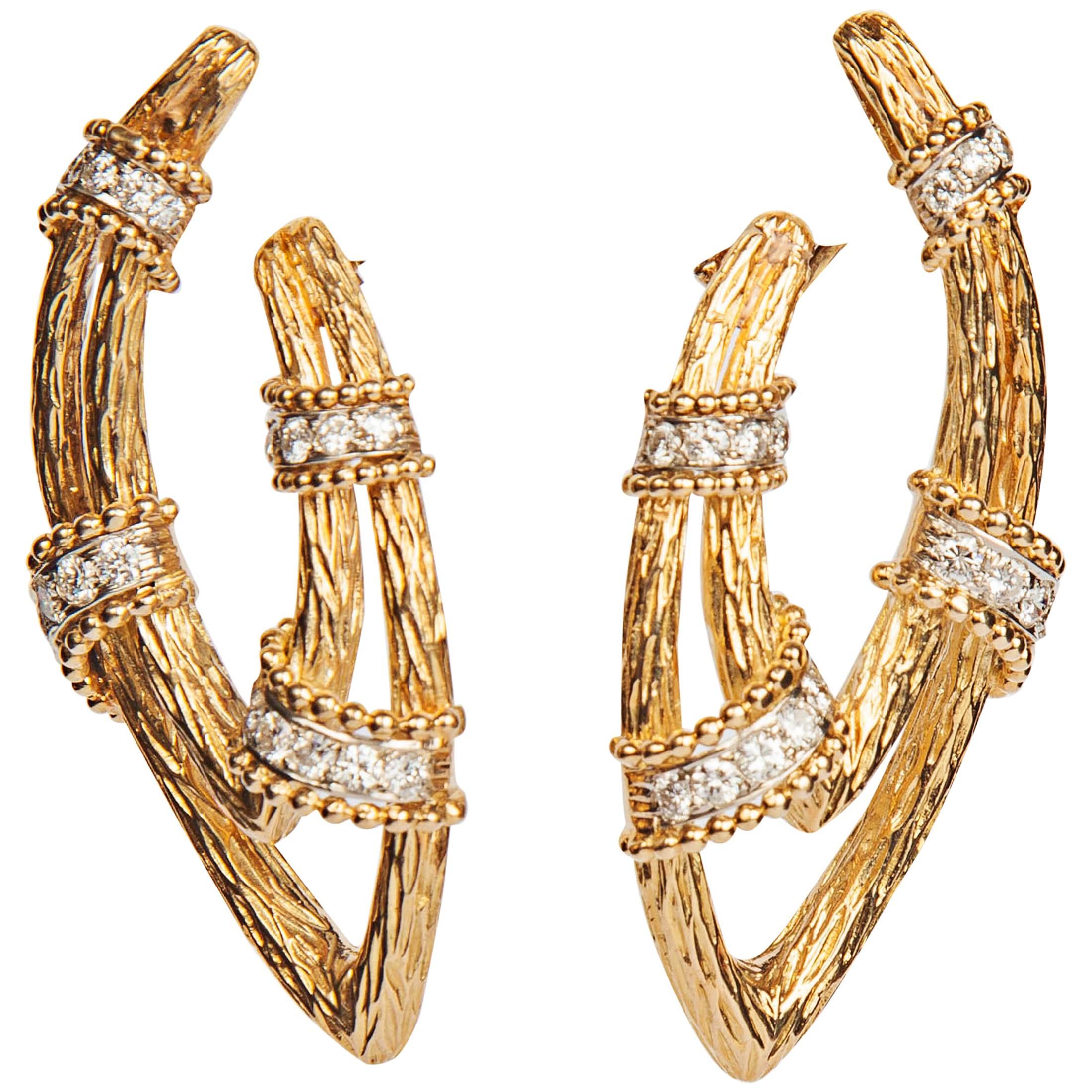 1970s Pair of Diamond Gold Bamboo Earrings For Sale