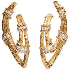 1970s Pair of Diamond Gold Bamboo Earrings