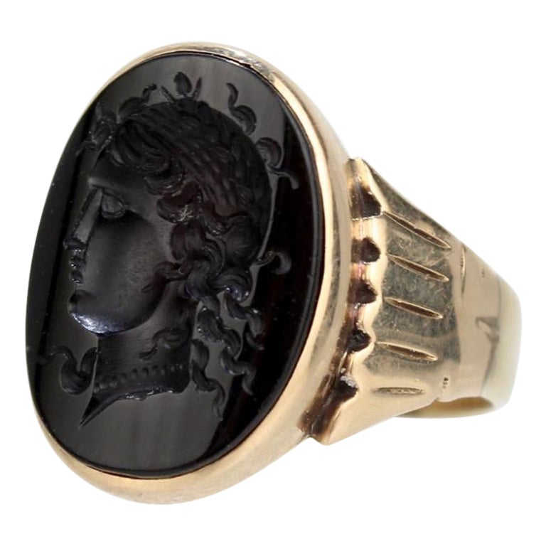Antique Victorian Cameo 14 Karat Gold and Onyx Signet Ring with Dedication  at 1stDibs