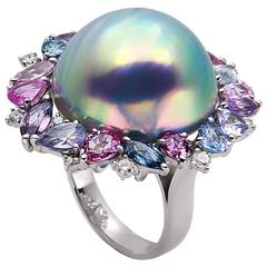 Mabe Pearl, Diamond and Sapphire White Gold Ring