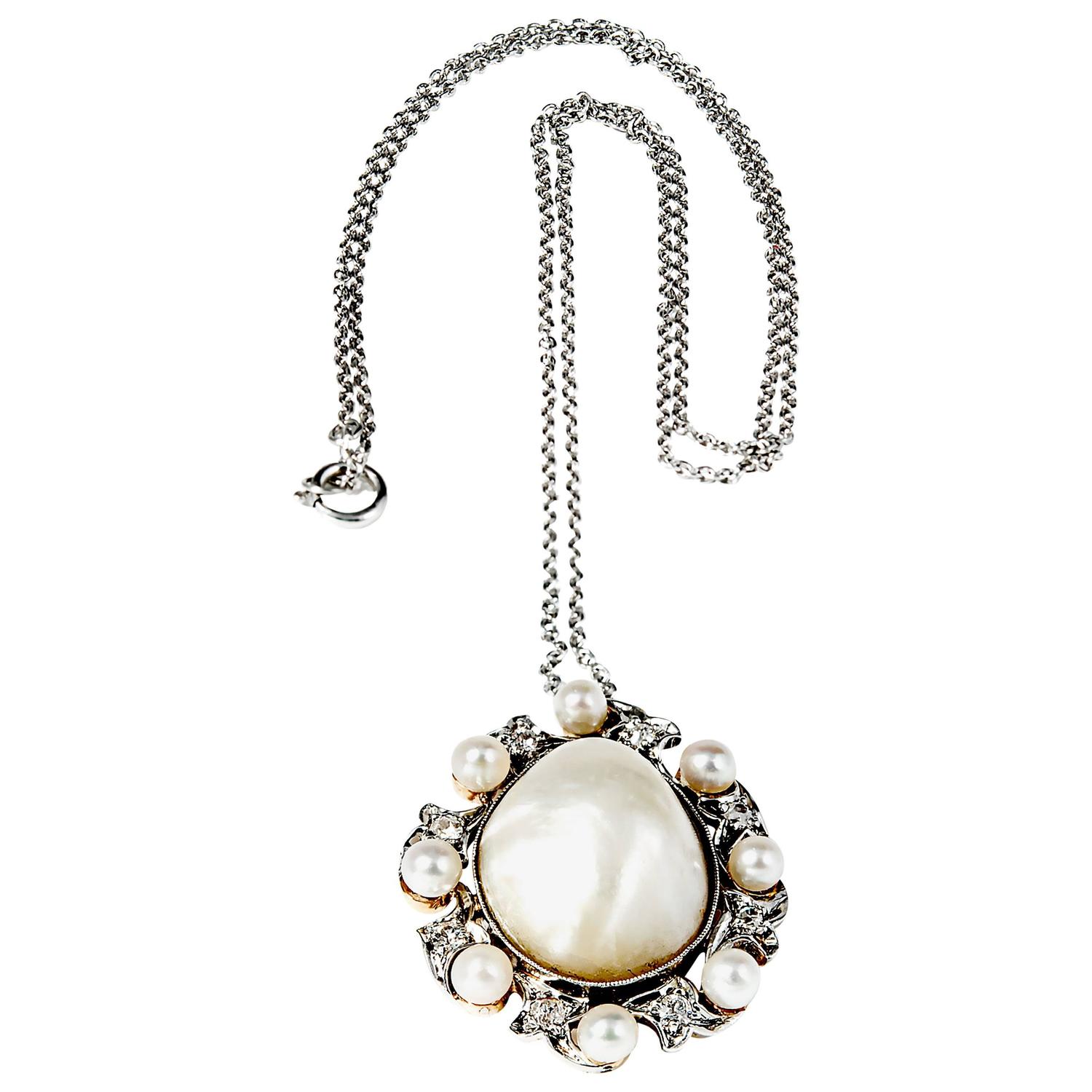 Natural Saltwater Pearl Diamond Platinum Gold Pendant For Sale at 1stdibs