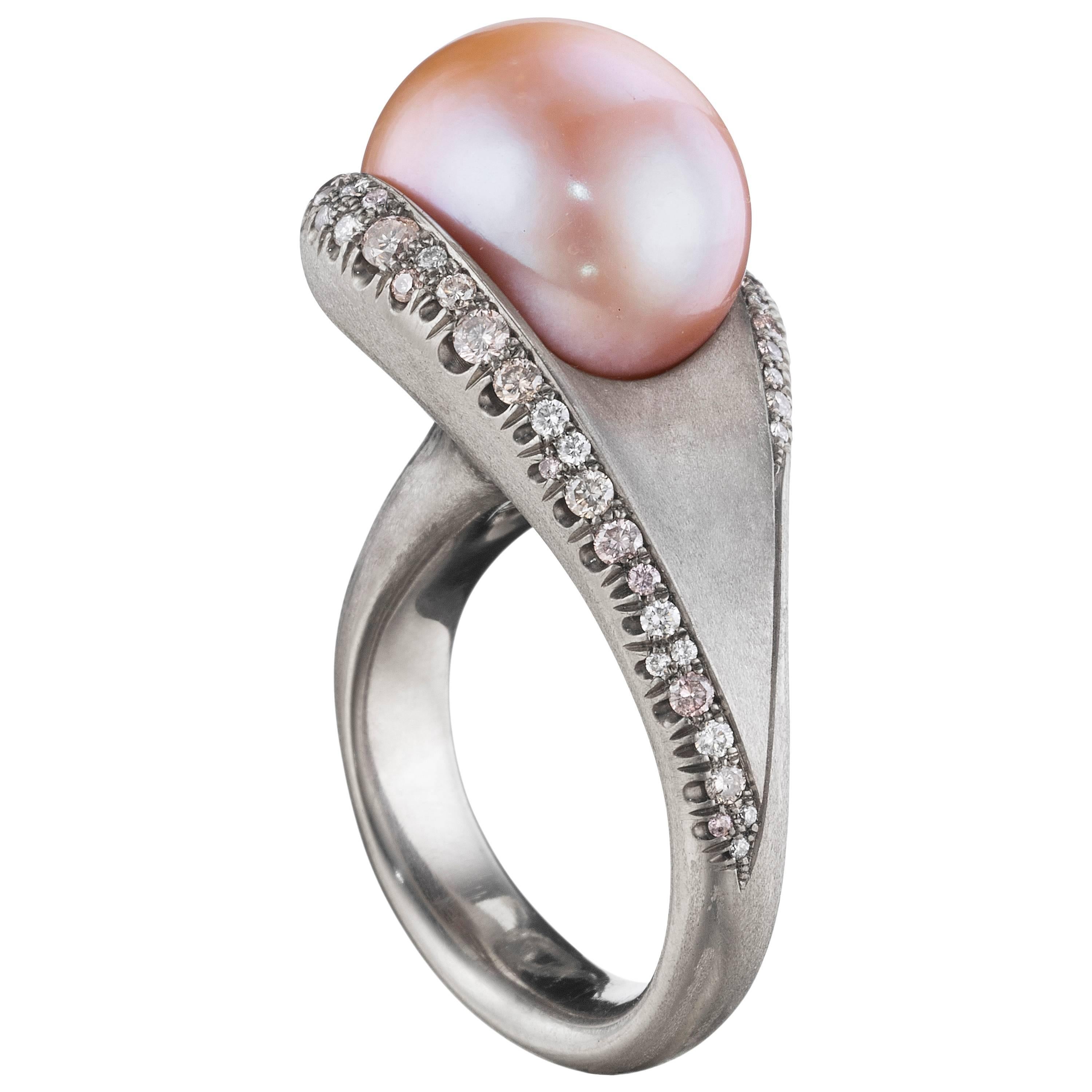 Naomi Sarna Pink Pearl Diamond Gold Ring For Sale