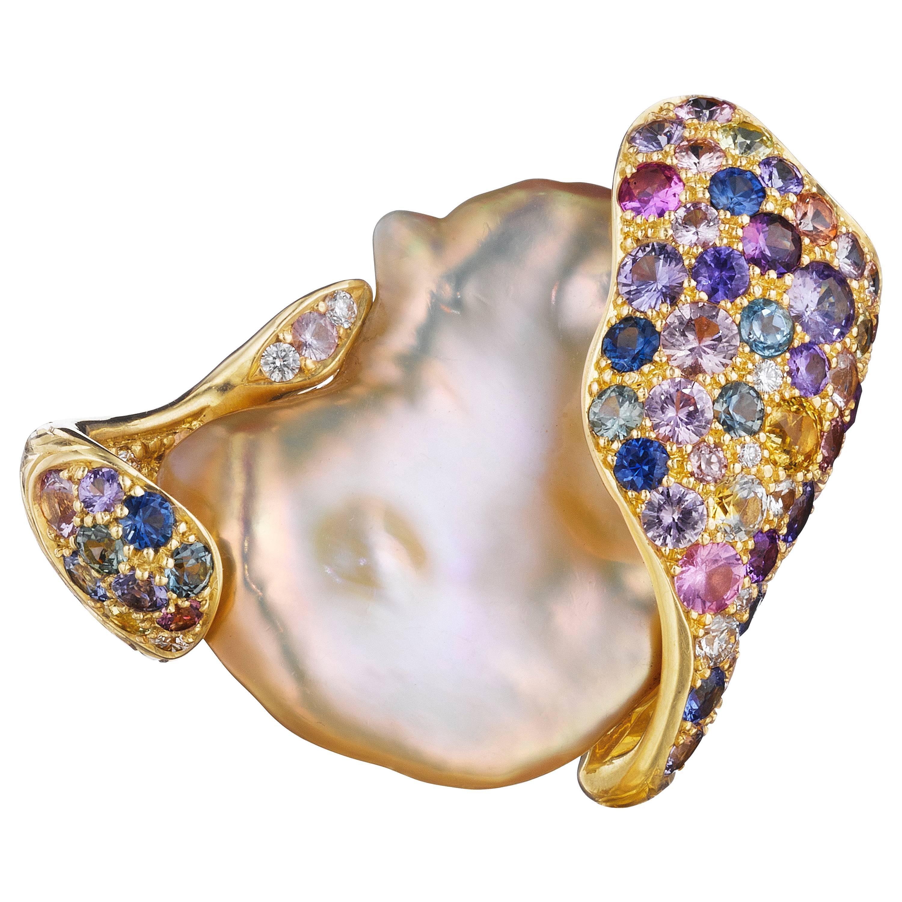 Naomi Sarna Freshwater Pearl Sapphire Diamond Gold First Wave Brooch