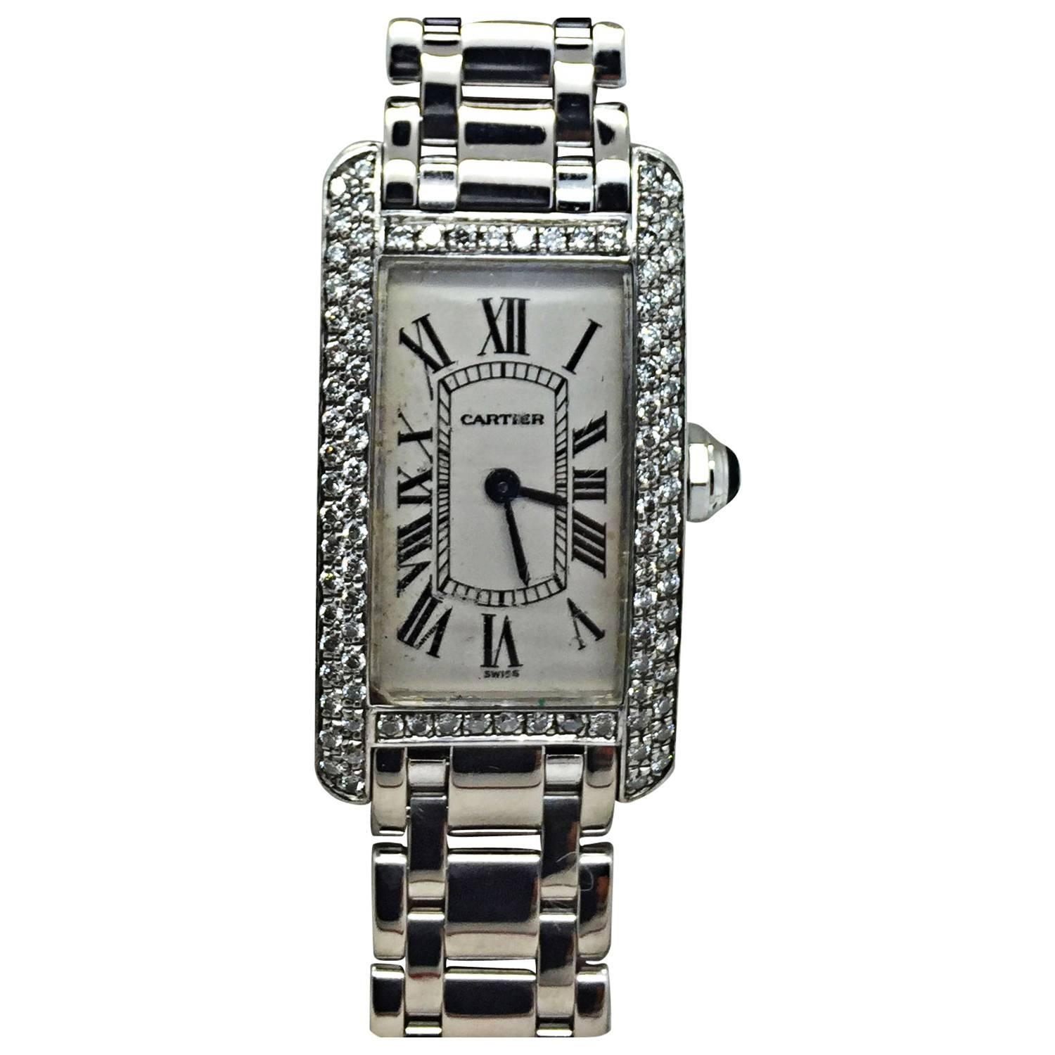 Cartier Lady's White Gold Diamond Bezel Tank Americaine Wristwatch For Sale