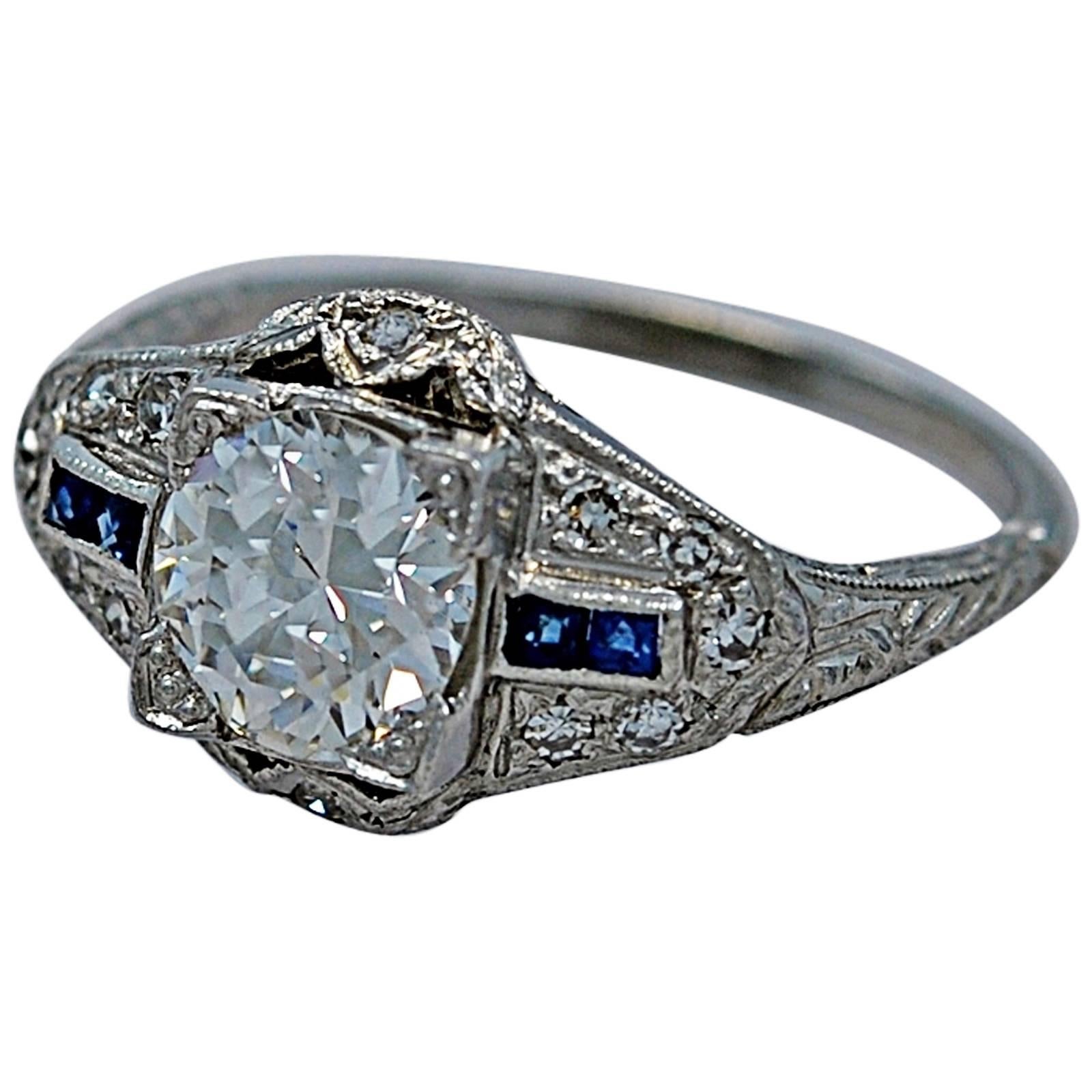Art Deco 1.07 Carat Diamond Sapphire Platinum Engagement Ring