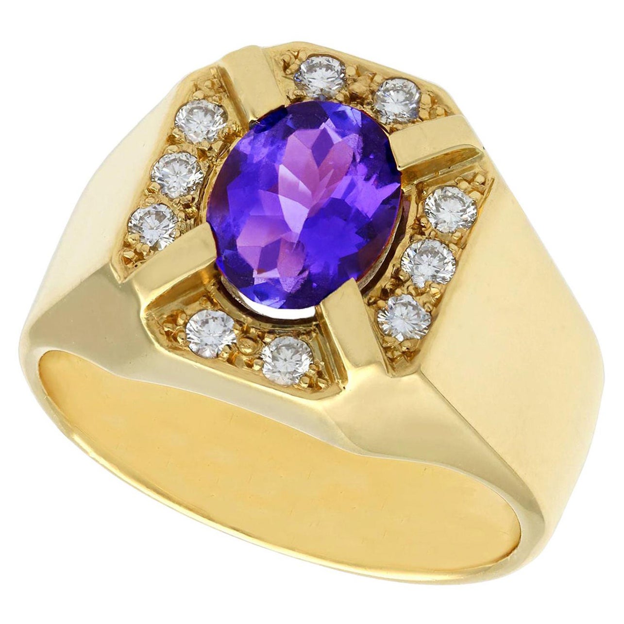 3.35 Carat Oval Cut Tanzanite and Diamond Yellow Gold Cocktail Ring For Sale
