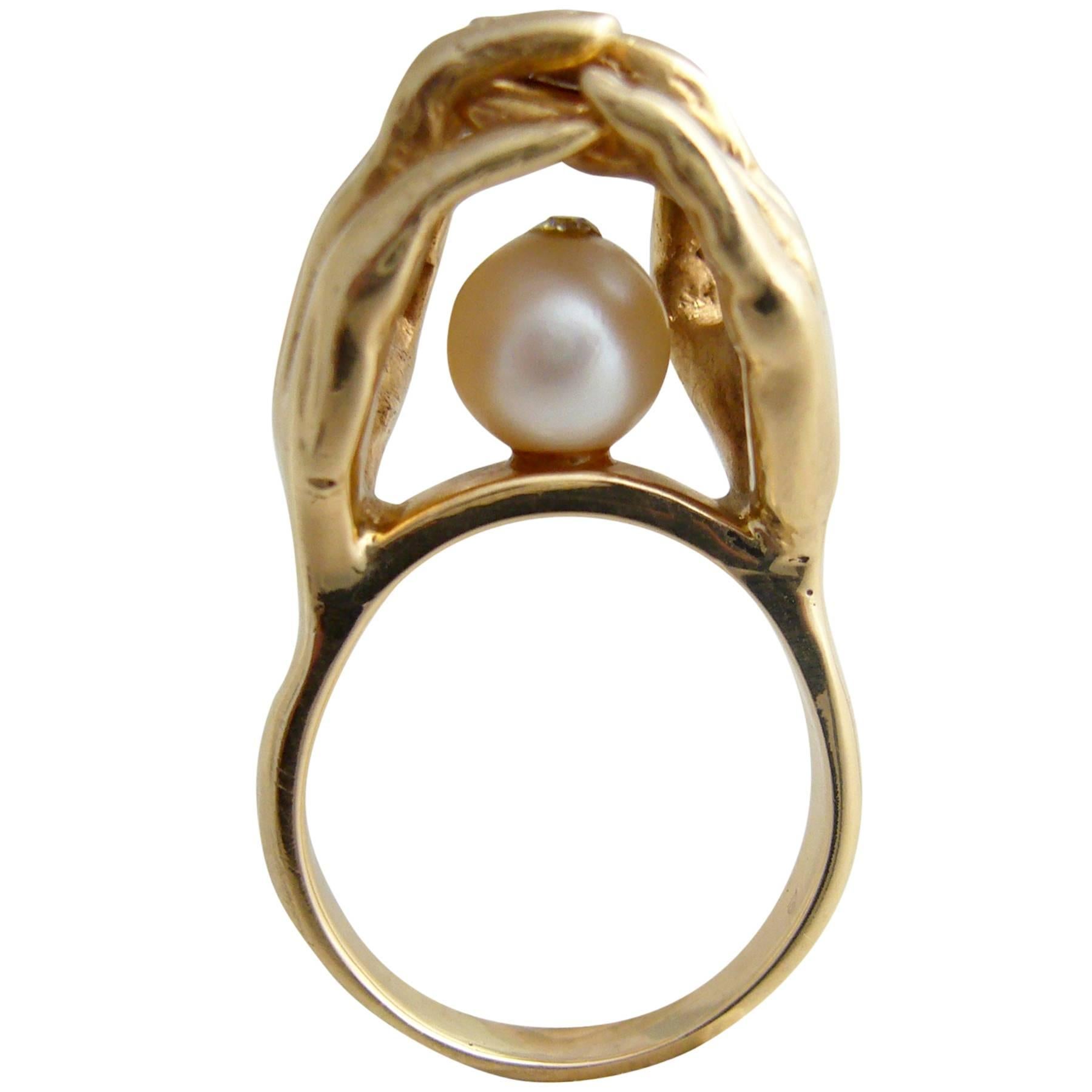 Gold Hands With Pearl Love Cocktail Ring