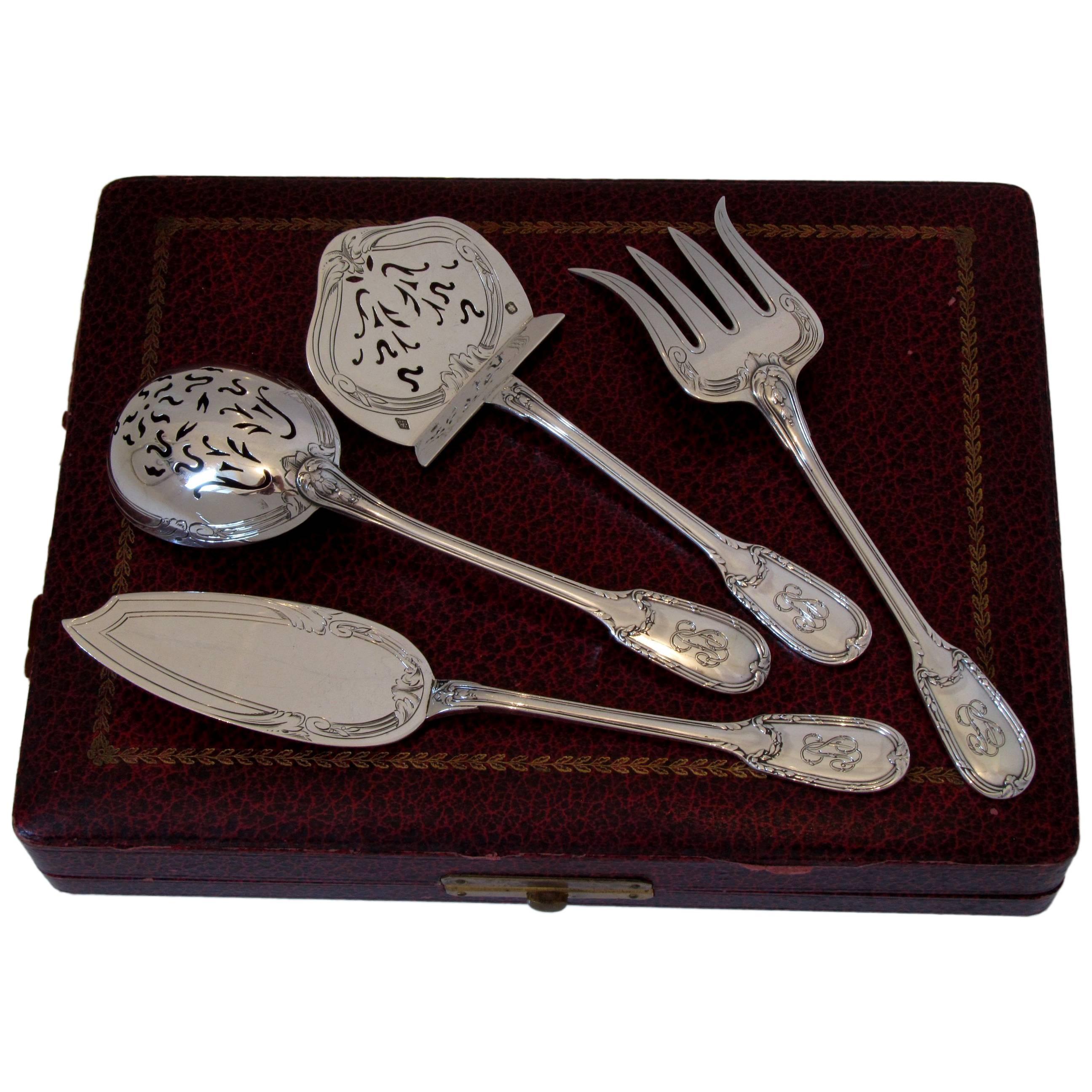 Christofle Rare French All Sterling Silver Dessert Hors D'oeuvre Set 4 pc box