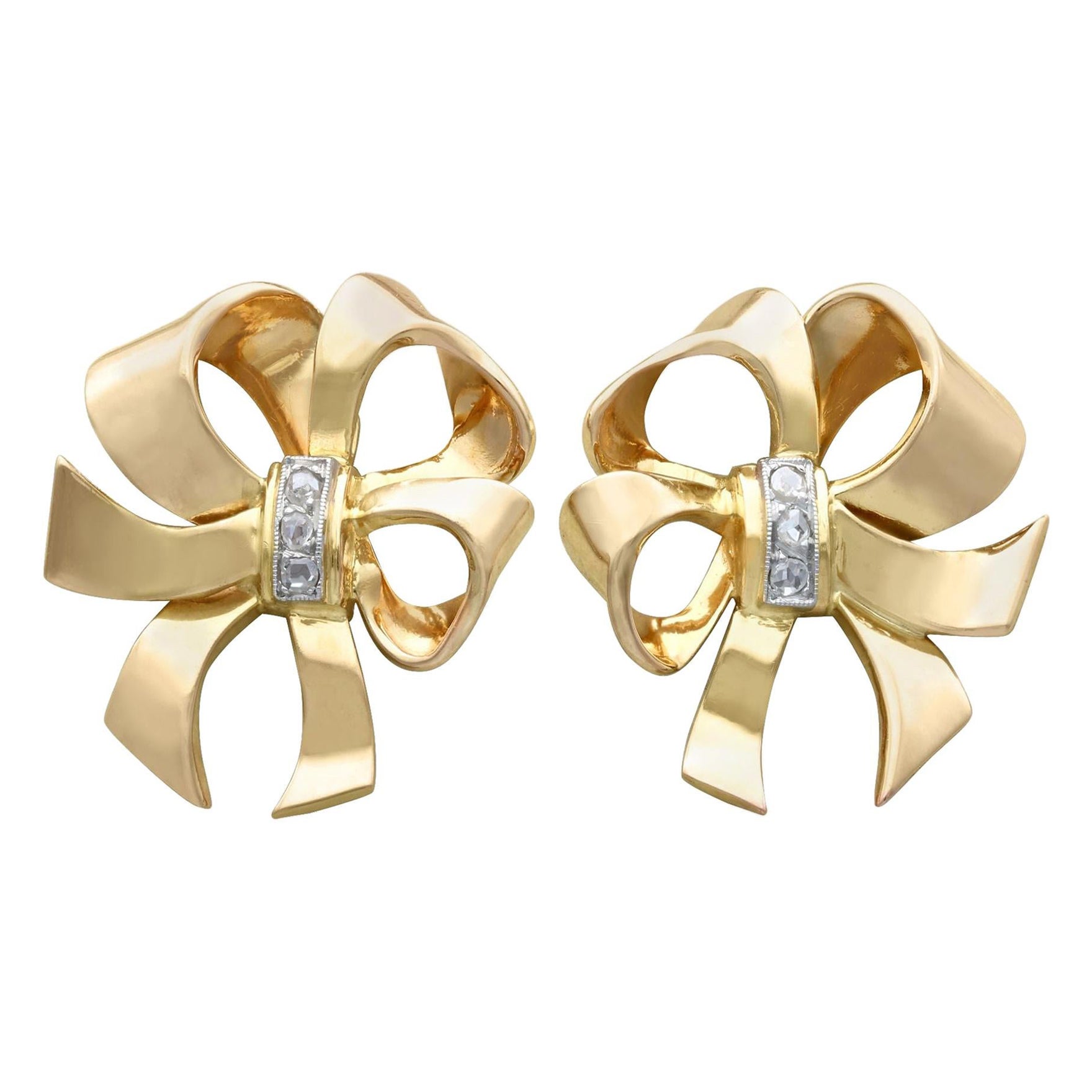 1940s Diamond and Yellow Gold Bow Earrings For Sale