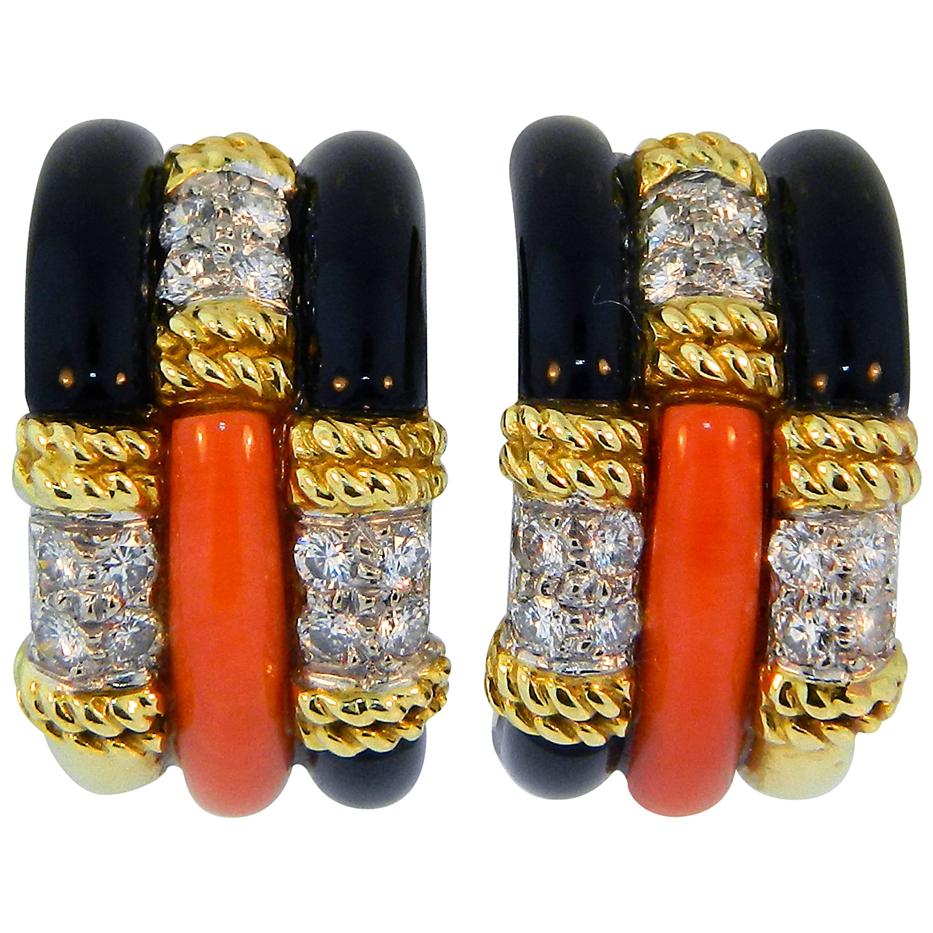 1970s Kutchinsky London Onyx Coral Diamond Gold Earclips 