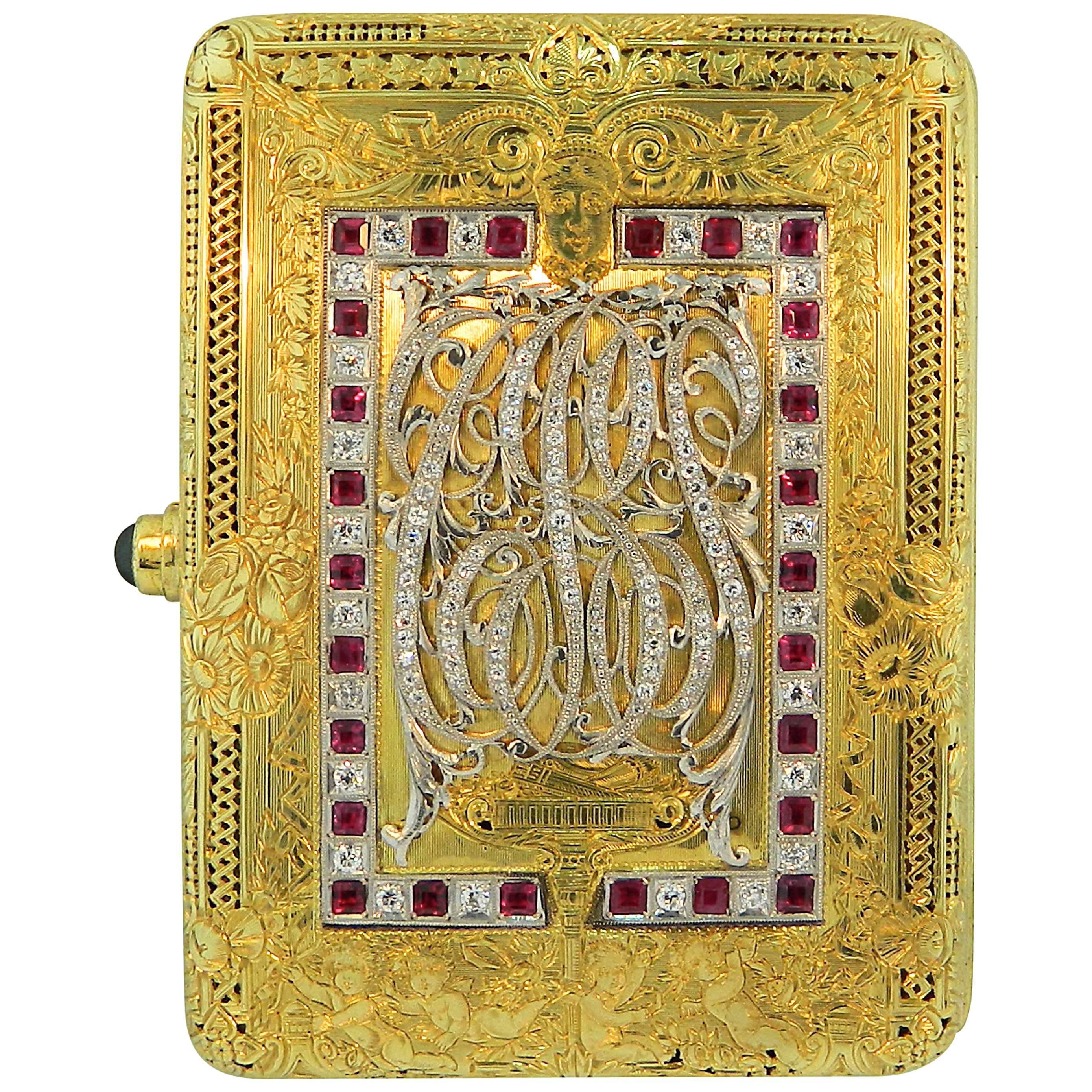 1940s Nat Koslow Diamond Sapphire Ruby Gold Compact