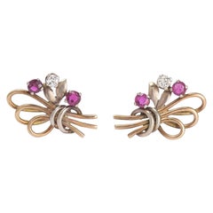 Art Deco Diamond Ruby Flower Bunch Earrings