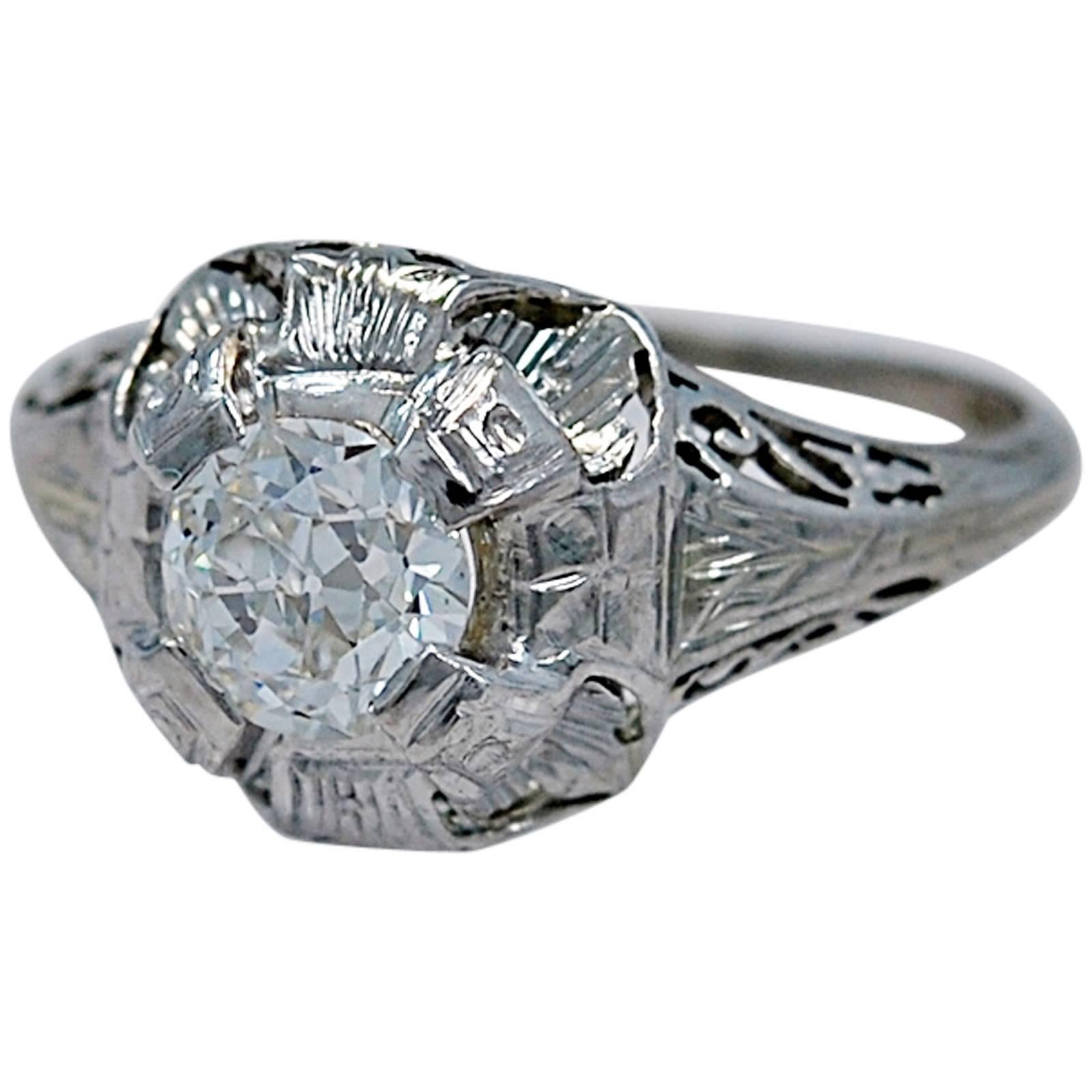 Art Deco .65 Carat Diamond & 18K White Gold Antique Engagement Ring By Belais  For Sale