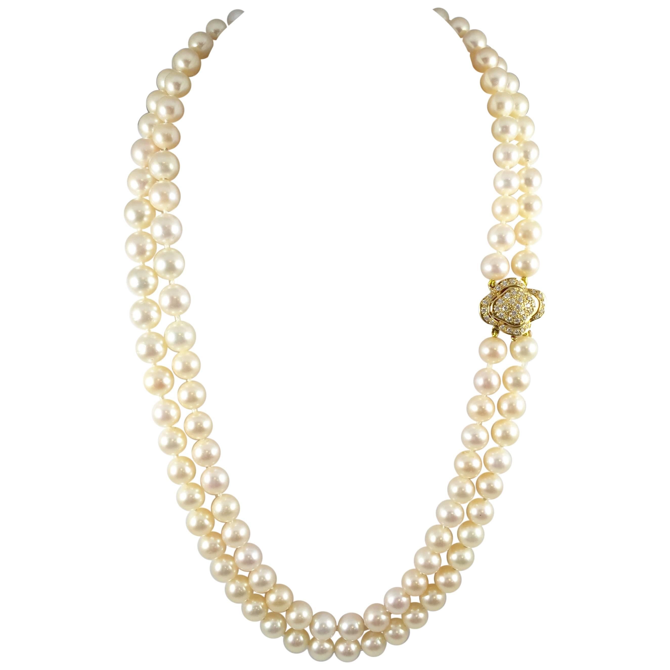 Classic Double Strand Pearl Necklace Diamond Clasp For Sale